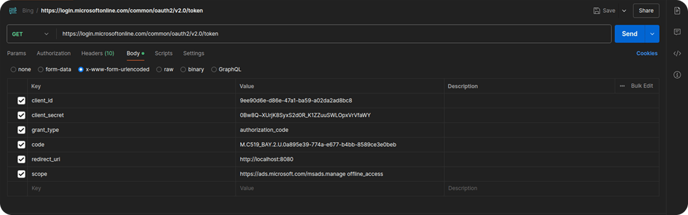  POST request to token endpoint showing parameters for refresh token exchange. i-shadow i-radius