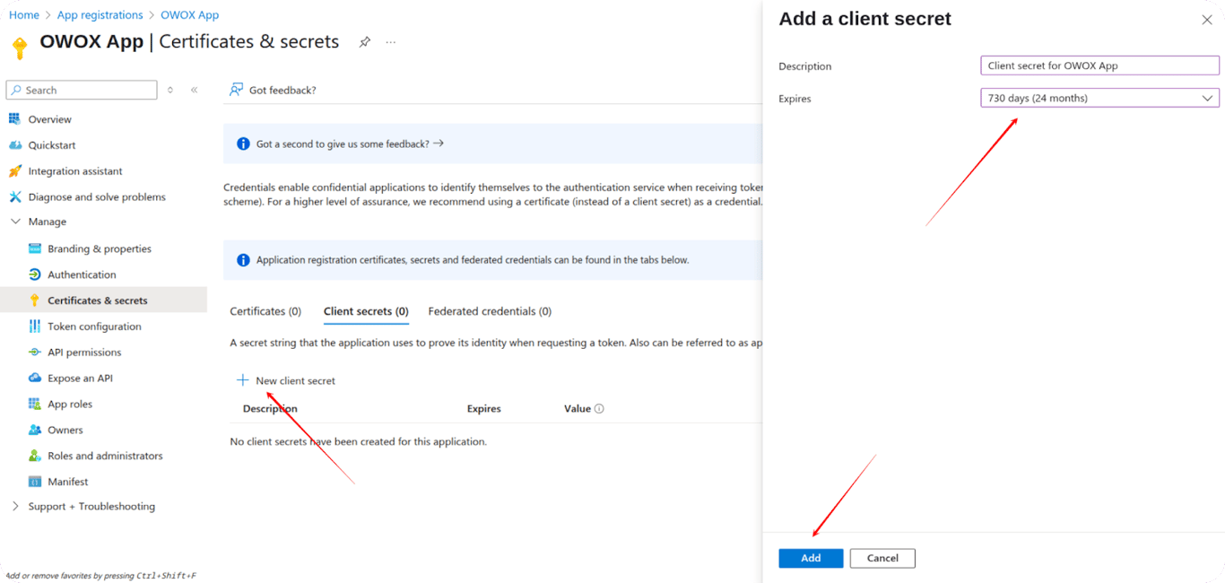 Azure Certificates & secrets page showing form to add a new client secret with fields and the Add button highlighted. i-shadow i-radius