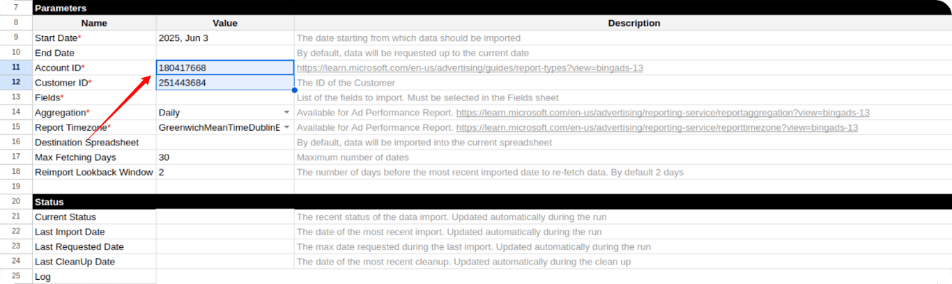 Spreadsheet with Account ID and Customer ID fields filled in Microsoft Ads Config. i-shadow i-radius
