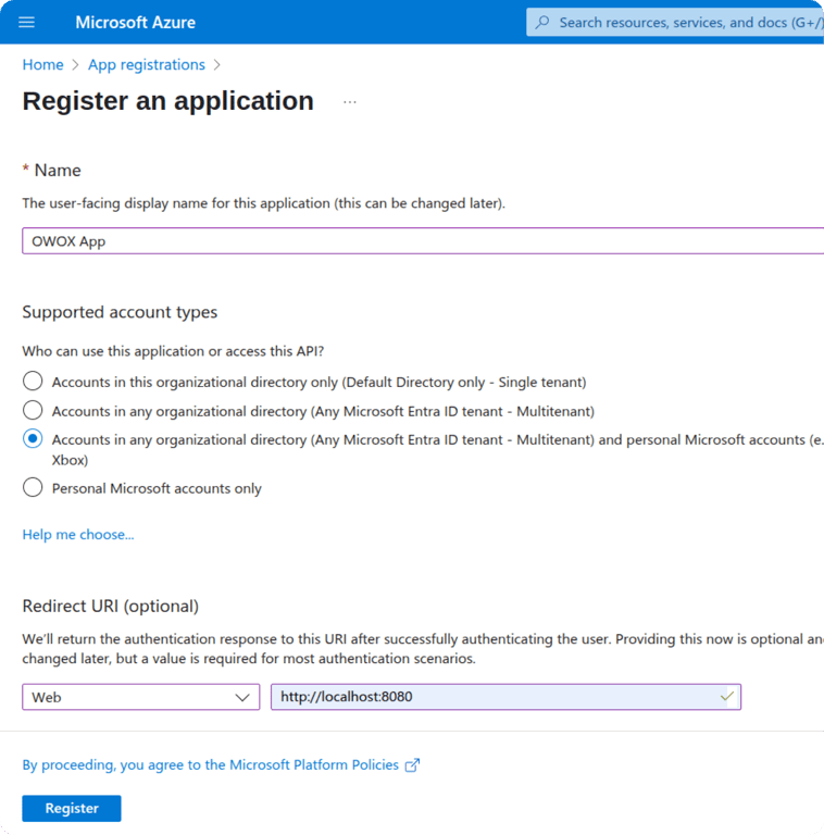 Azure App registration screen showing name field and redirect URI for Bing Ads integration. i-shadow i-radius