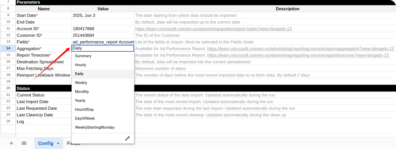 Aggregation dropdown selected to define Microsoft Ads report granularity. i-shadow i-radius