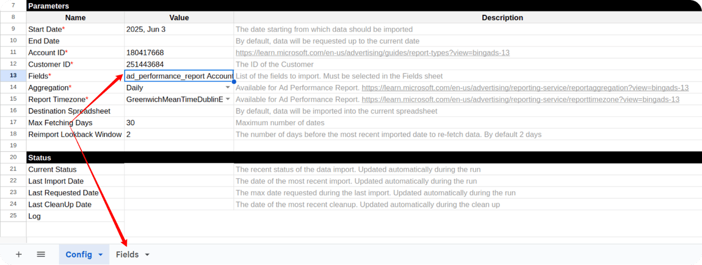 Fields tab in Google Sheets with selected Bing Ads metrics and dimensions. i-shadow i-radius