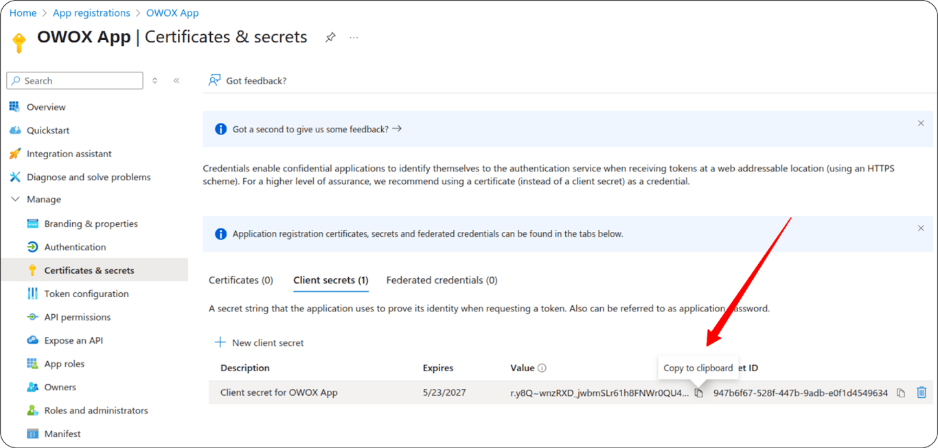 Microsoft Azure panel with “New client secret” form filled and copy button highlighted. i-shadow i-radius
