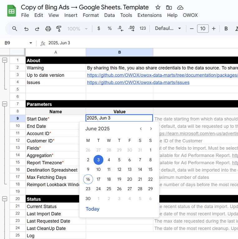 Date picker set to Start Date for Microsoft Ads import in Google Sheets. i-shadow