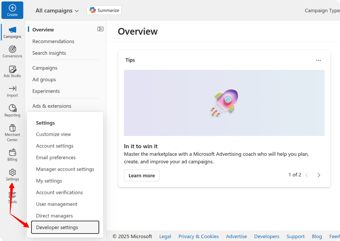 Navigating to Developer settings in Microsoft Ads by selecting “Settings” from the left menu and clicking “Developer settings” in the dropdown. i-shadow i-radius