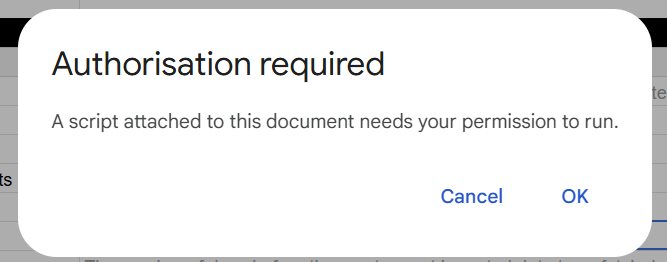 Google Sheets pop-up message showing “Authorisation required” prompting the user to grant script permission to run. i-shadow