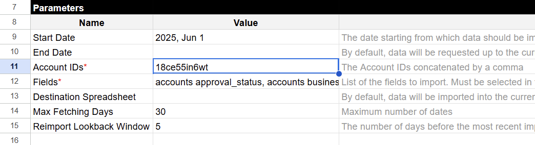  Account ID field populated with Twitter Ad Account ID inside the OWOX Twitter Marketing Sheet. i-shadow