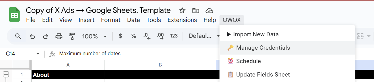 Google Sheets menu showing OWOX extension with the “Manage Credentials” option highlighted. i-shadow