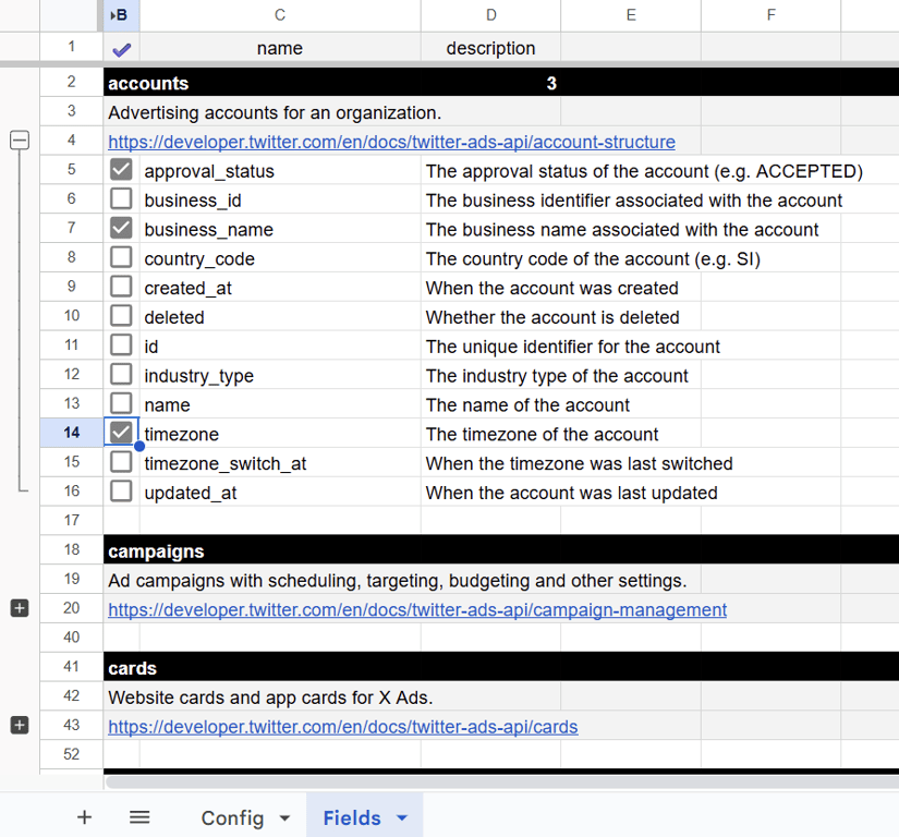 Selecting specific advertiser fields in the “Fields” tab of the Twitter Ads connector sheet. i-shadow