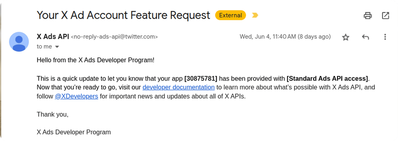 Email notification confirming Standard Ads API access approval for the submitted X Ads App ID. i-shadow i-radius