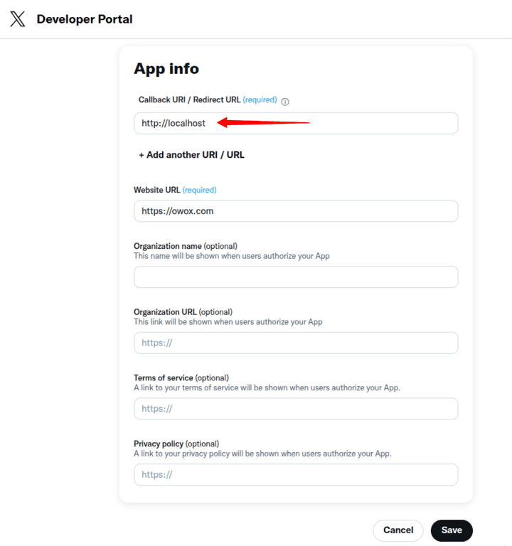App info configuration in the X Developer Portal with the Callback URI for OAuth setup. i-shadow