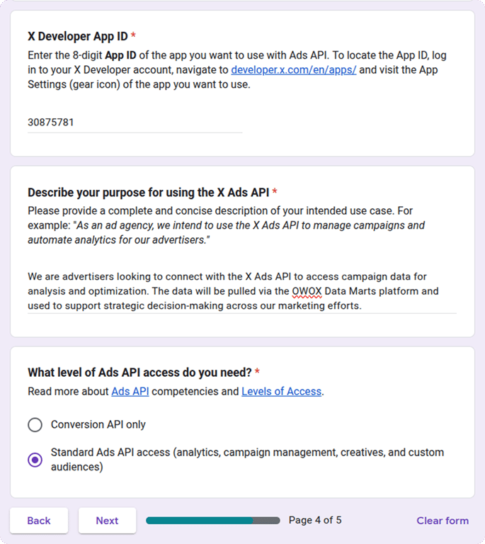 X Ads API request form showing fields for App ID, usage description, and selection of Standard Ads API access.‍ i-shadow i-radius
