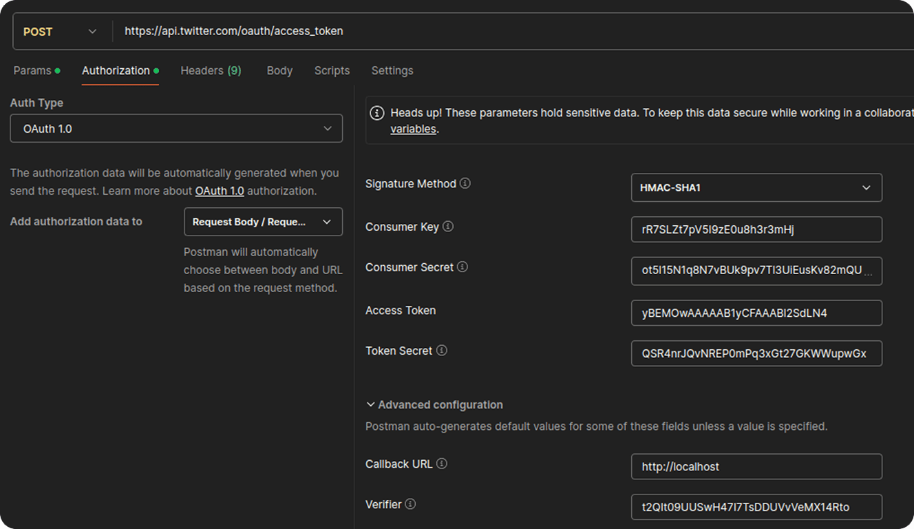 Postman configuration for making an access token request to the X Ads API with OAuth 1.0, including verifier and callback URL. i-shadow i-radius