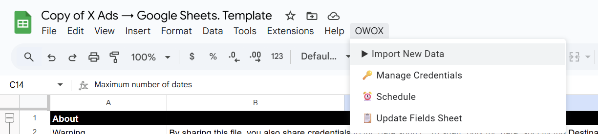 Google Sheets menu with the OWOX extension expanded, highlighting the “Import New Data” option used to start data import in the template. i-shadow
