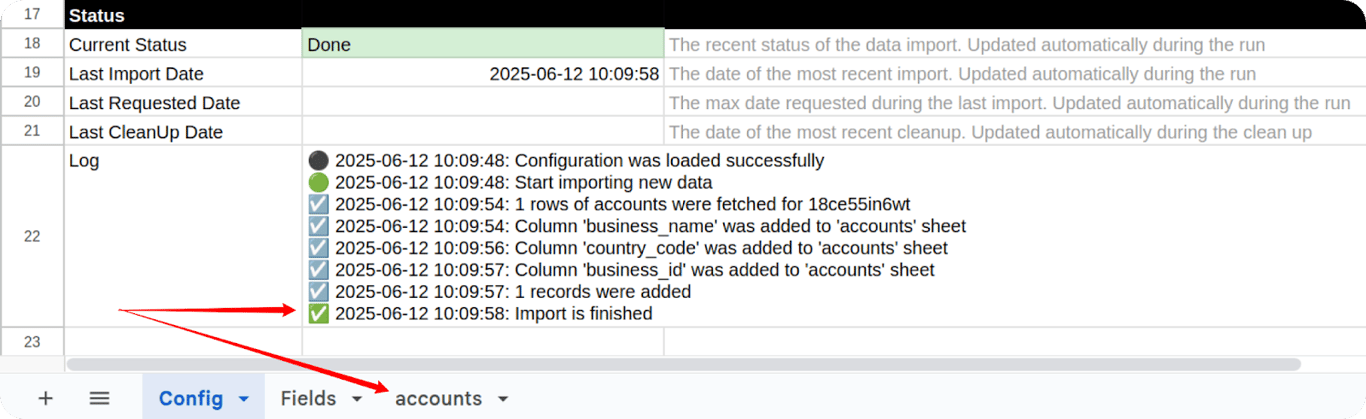 Google Sheet showing import log with “Import is finished” and new “accounts” tab created. i-shadow i-radius