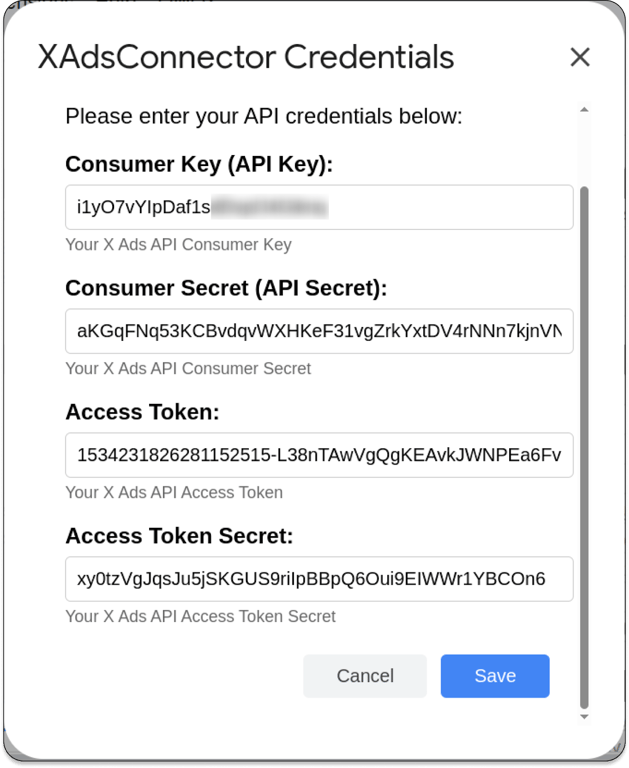 X Ads Connector credentials form showing input fields for API Key, API Secret, Access Token, and Access Token Secret with a Save button. i-shadow i-radius
