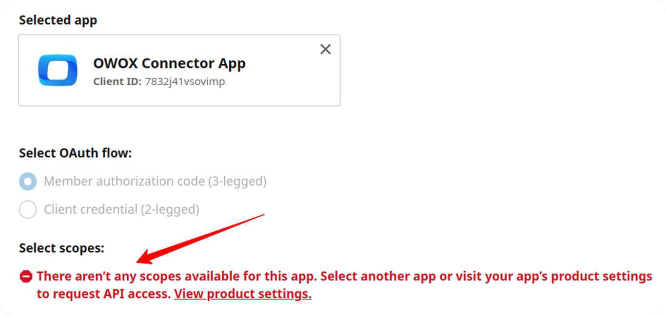 LinkedIn OAuth screen showing error message for missing scopes and instructions to request API access. i-shadow