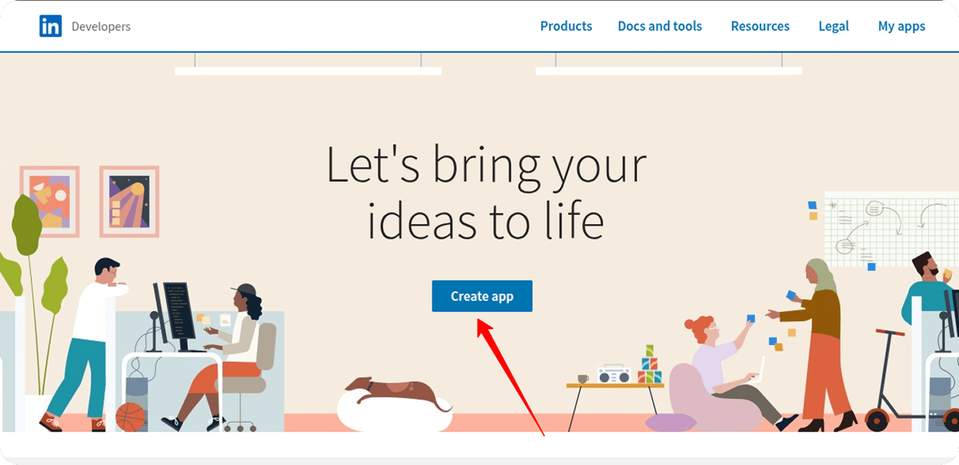 LinkedIn Developer portal showing the “Create app” button on the welcome screen. i-shadow