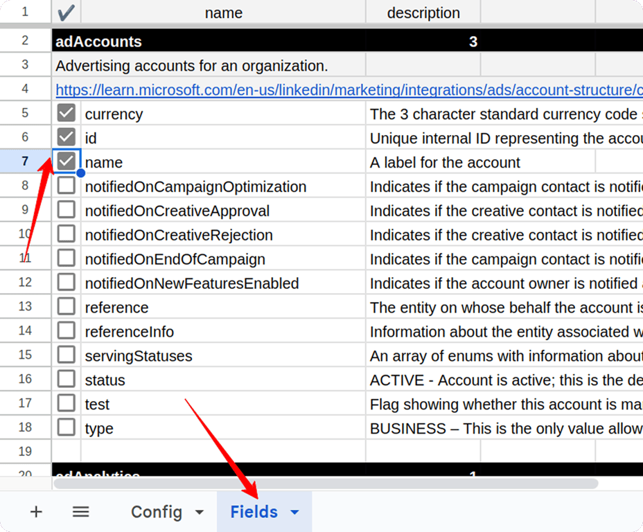 Fields tab in the LinkedIn Ads connector showing available data fields and selection checkboxes. i-shadow