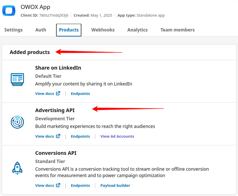 LinkedIn Developer Products tab showing “Advertising API” listed under Added Products. i-shadow i-radius