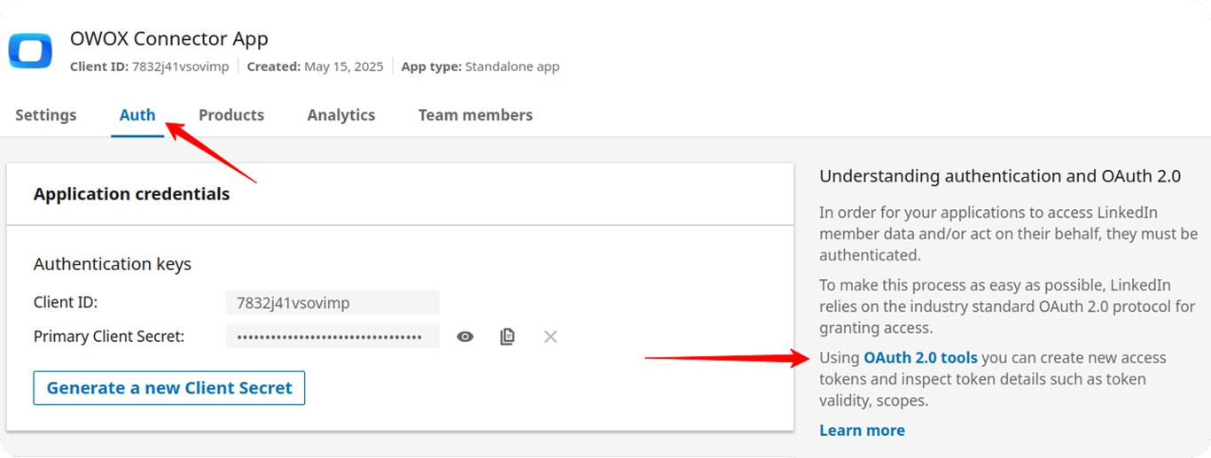 LinkedIn Developer Auth tab with “OAuth 2.0 tools” link and “Generate a new Client Secret” option. i-shadow