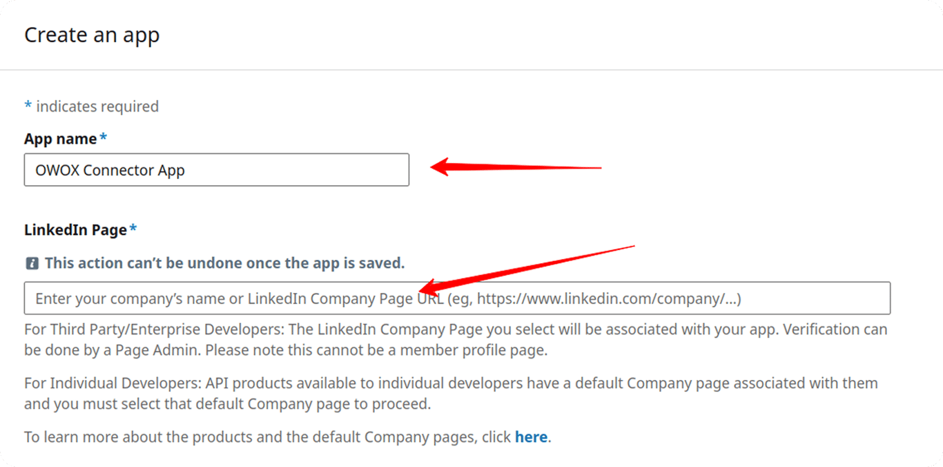 Form fields in the LinkedIn Developer portal to input App name and the LinkedIn Company Page URL. i-shadow