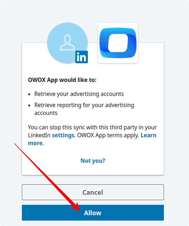 LinkedIn consent screen asking for permission to access and report on advertising accounts with the “Allow” button highlighted. i-shadow i-radius