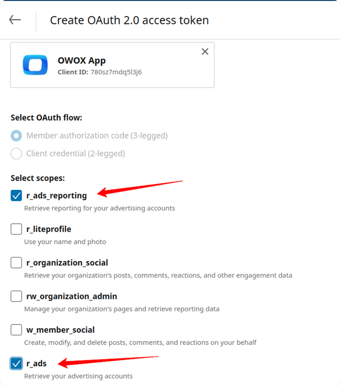 OAuth token creation screen with r_ads and r_ads_reporting scopes selected for LinkedIn Ads access. i-shadow i-radius