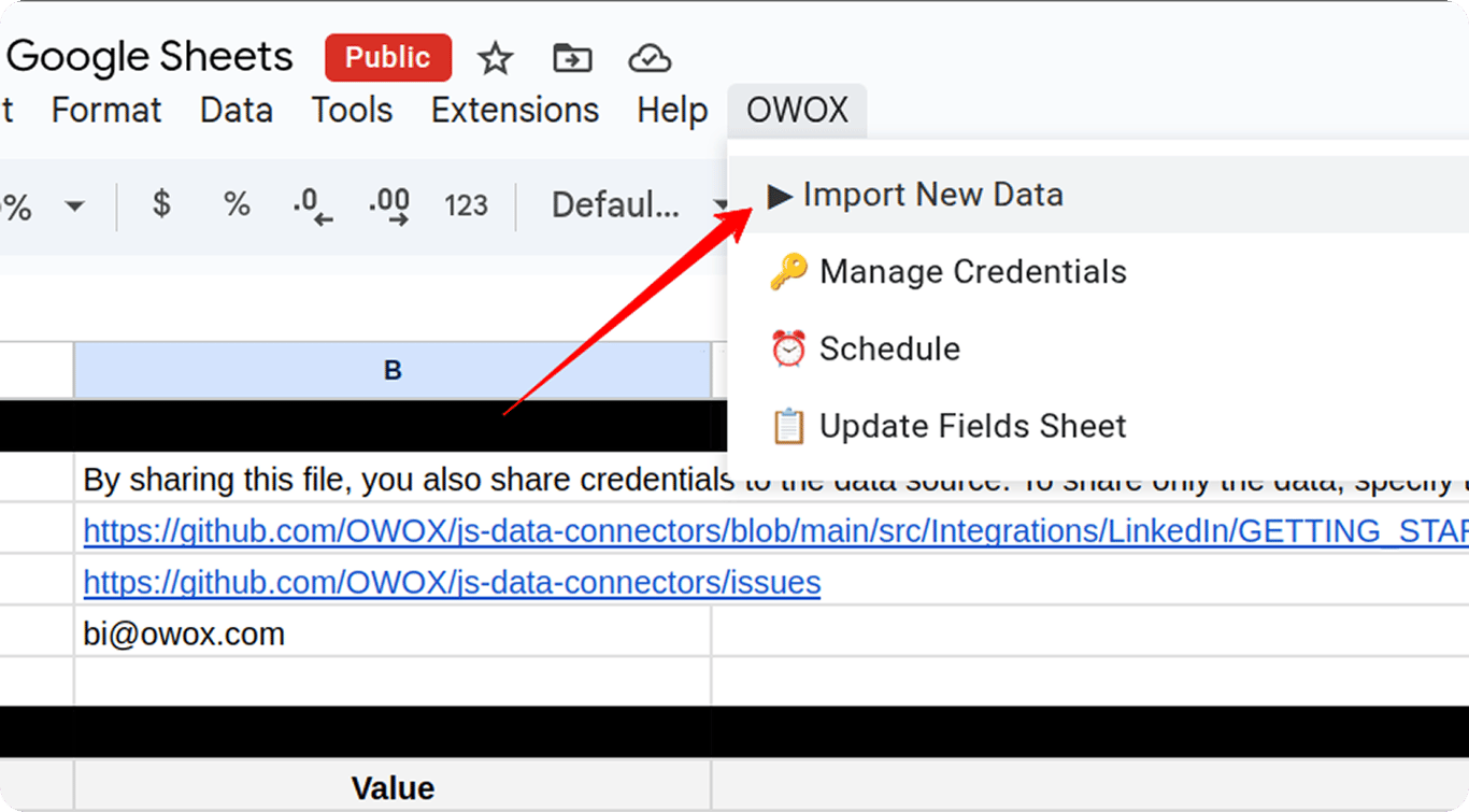 Google Sheets with OWOX menu expanded and “Import New Data” option highlighted to begin LinkedIn Ads data import. i-shadow i-radius
