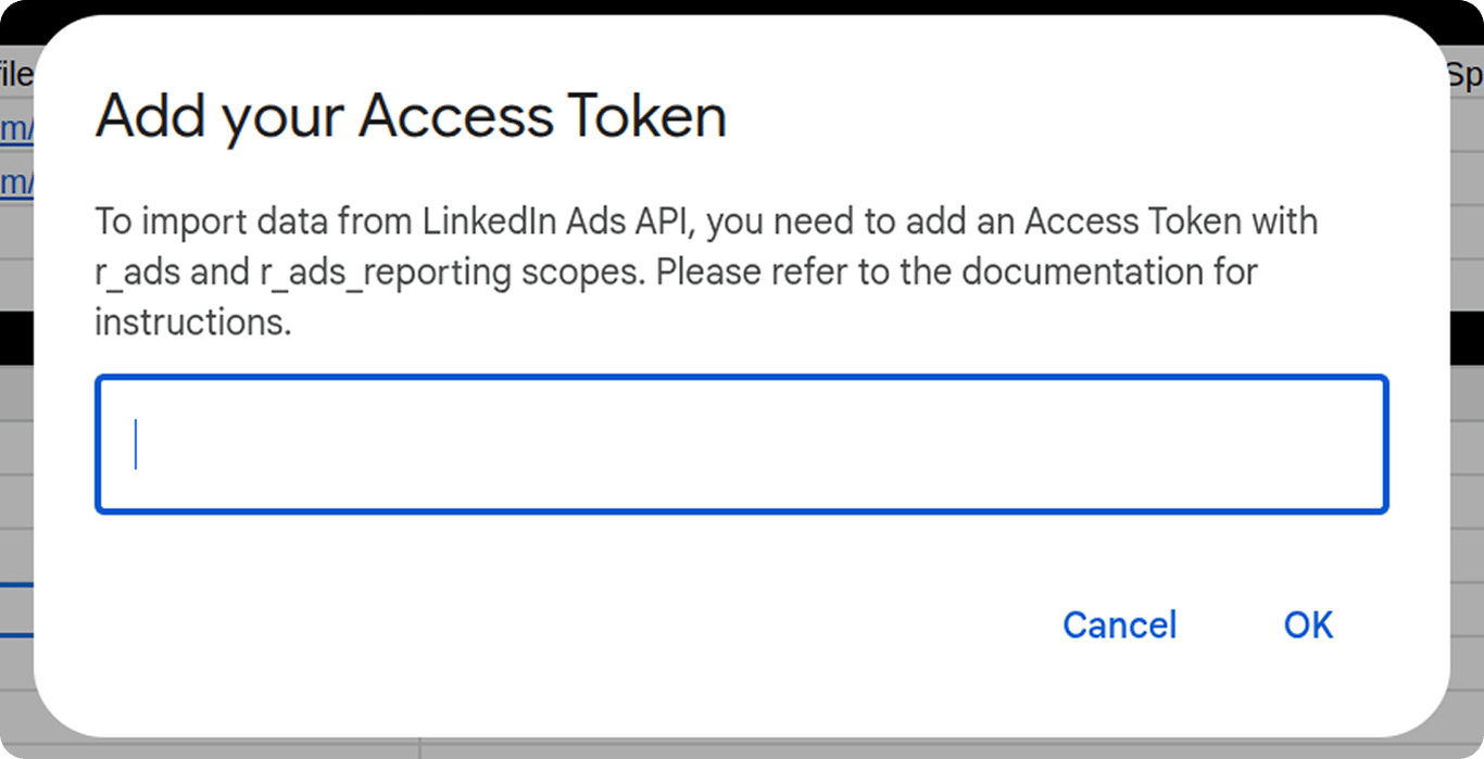 Google Sheets prompt asking to add a LinkedIn Ads access token with required scopes for data import.‍ i-shadow i-radius