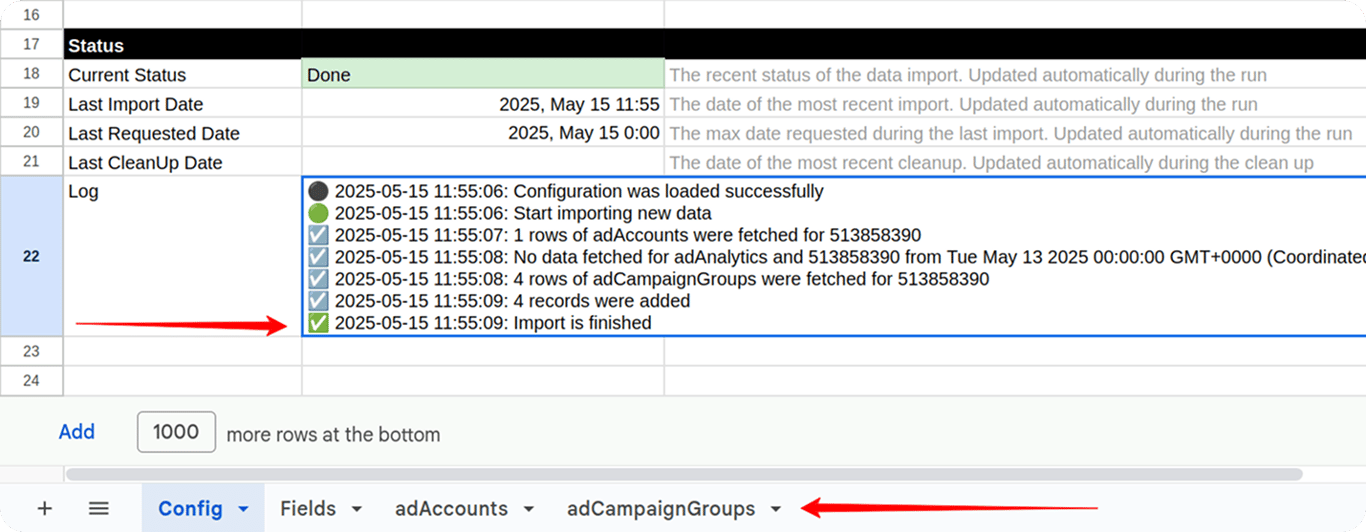 Log sheet in Google Sheets displaying successful LinkedIn Ads data import with “Import is finished” message. i-shadow i-radius