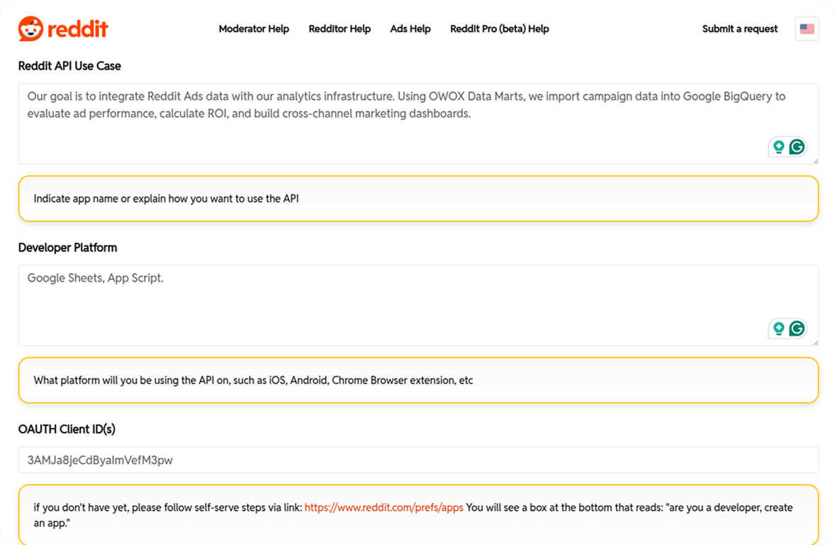 Reddit API application form displaying filled sections for use case, developer platform, and OAuth client ID, outlining integration.  i-shadow i-radius