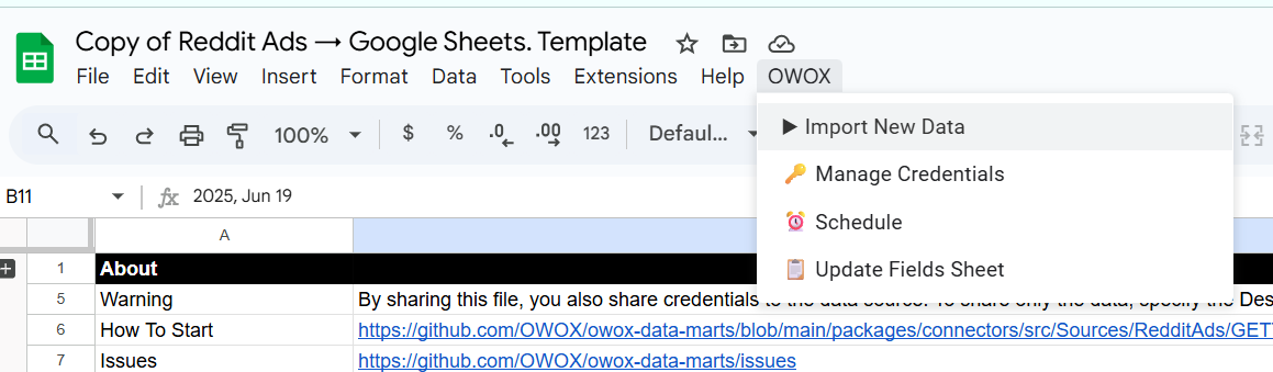 Google Sheets menu with the OWOX extension expanded, highlighting the “Import New Data” option used to start data import in the template.  i-shadow