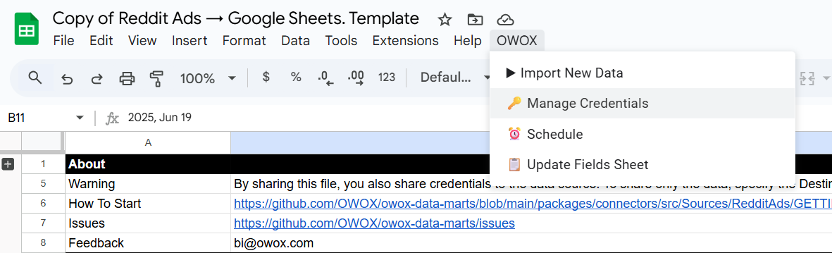 Google Sheets menu showing OWOX extension with the “Manage Credentials” option highlighted.  i-shadow
