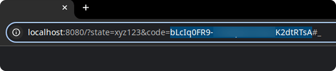 Browser address bar showing localhost URL with a state parameter and an authorization code highlighted after successful Reddit OAuth login. i-shadow i-radius