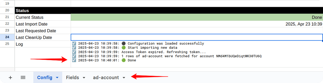 Google Sheets showing Reddit connector log with successful data import and selected “ad-account” tab. i-shadow i-radius