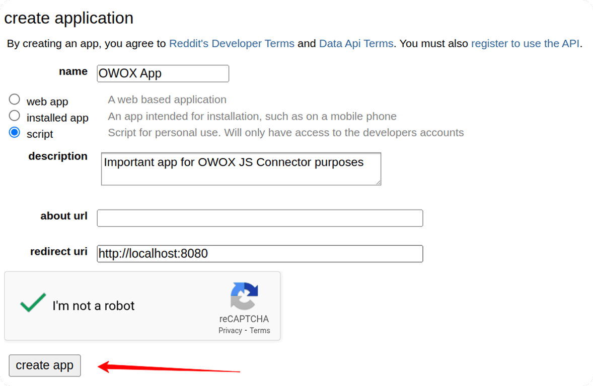 Reddit developer page showing filled-out app creation form with “script” type selected and the “create app” button highlighted. i-shadow i-radius
