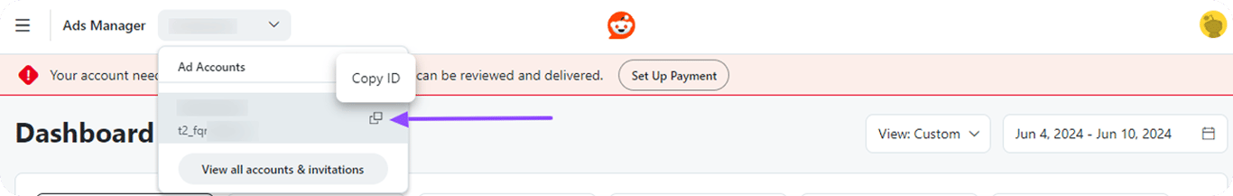 Reddit Ads Manager interface showing how to copy the Ad Account ID from the dropdown menu under the Ads Manager selector. i-shadow i-radius