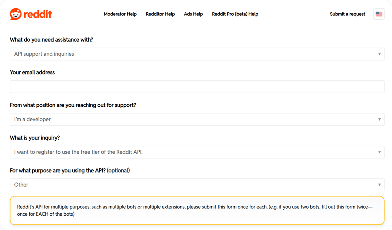 Reddit API access request form with dropdown fields selected for API support, developer role, free tier registration, and usage purpose as “Other.” i-radius i-shadow