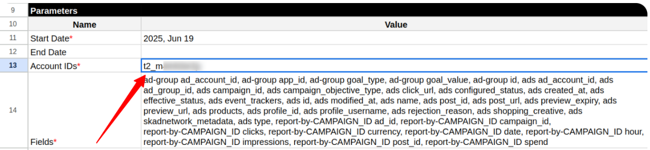 Account ID field populated with Reddit Ad Account ID inside the OWOX Reddit Marketing Sheet. i-radius i-shadow