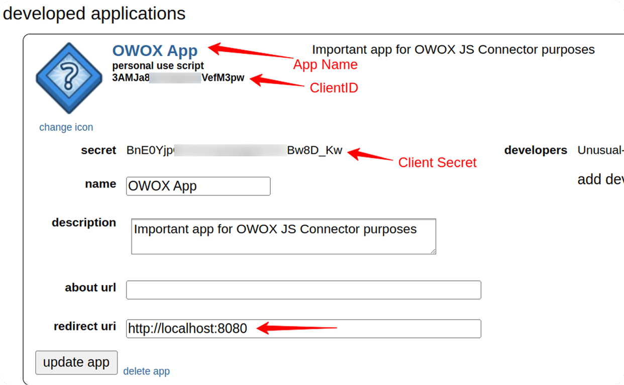 Reddit app details page displaying the App Name, Client ID, Client Secret, and Redirect URI, with red annotations identifying each field. i-shadow i-radius