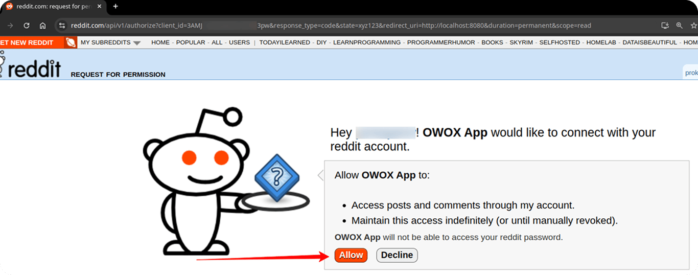 Reddit authorization screen showing OWOX App requesting permission to access the user’s posts and comments with options to “Allow” or “Decline.” i-shadow i-radius