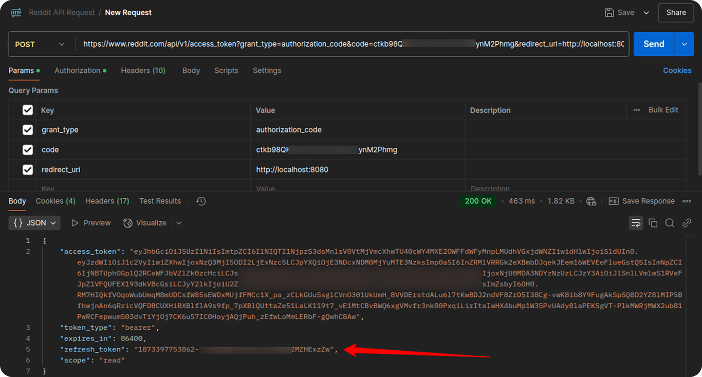 Postman call to Reddit API exchanging auth code for access token with token details in JSON. i-shadow i-radius
