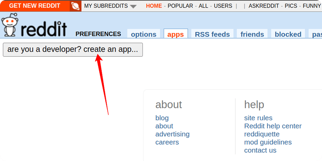 Reddit Preferences page with “create an app” button highlighted under the Apps tab. i-shadow i-radius