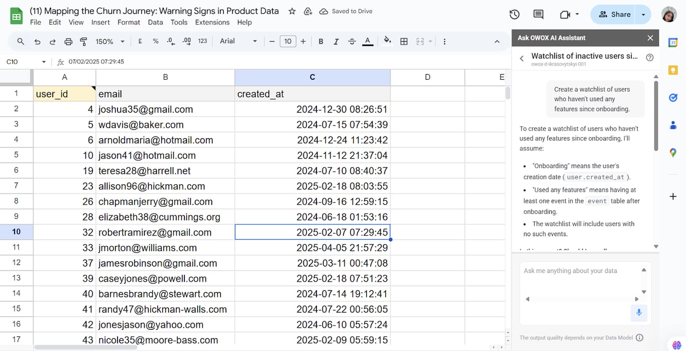 Table listing users with emails and signup dates, where OWOX AI Assistant highlights a watchlist of users who haven’t used any features since onboarding. i-shadow