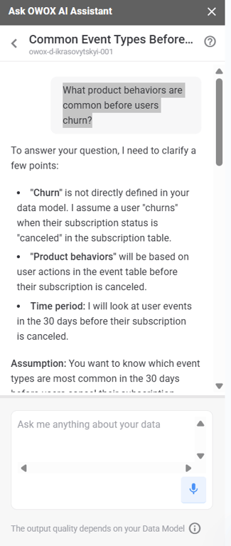 OWOX AI Assistant showing a response explaining assumptions for analyzing product behaviors before user churn. i-shadow