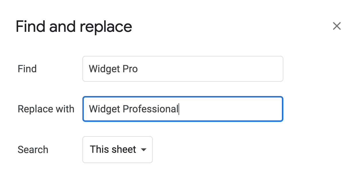 Google Sheets Find and Replace dialog showing “Widget Professional” typed in the Replace with field. i-shadow