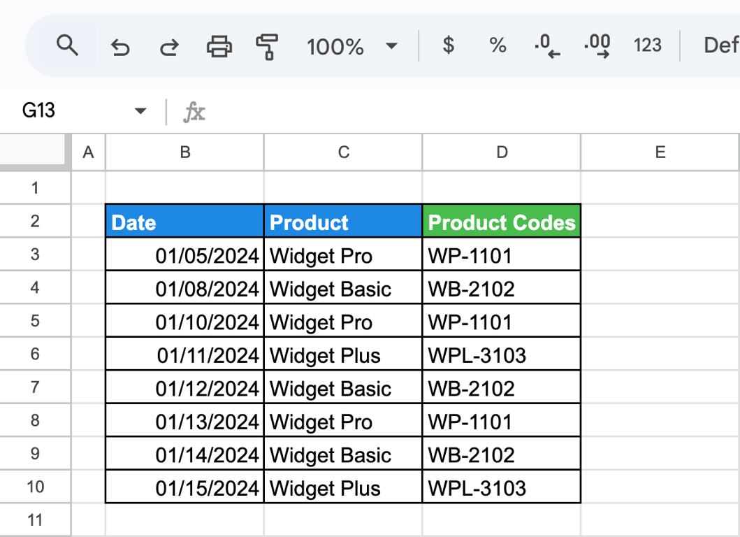Updated Product Codes column after all the code replacements have been made using the Find and Replace tool. i-shadow