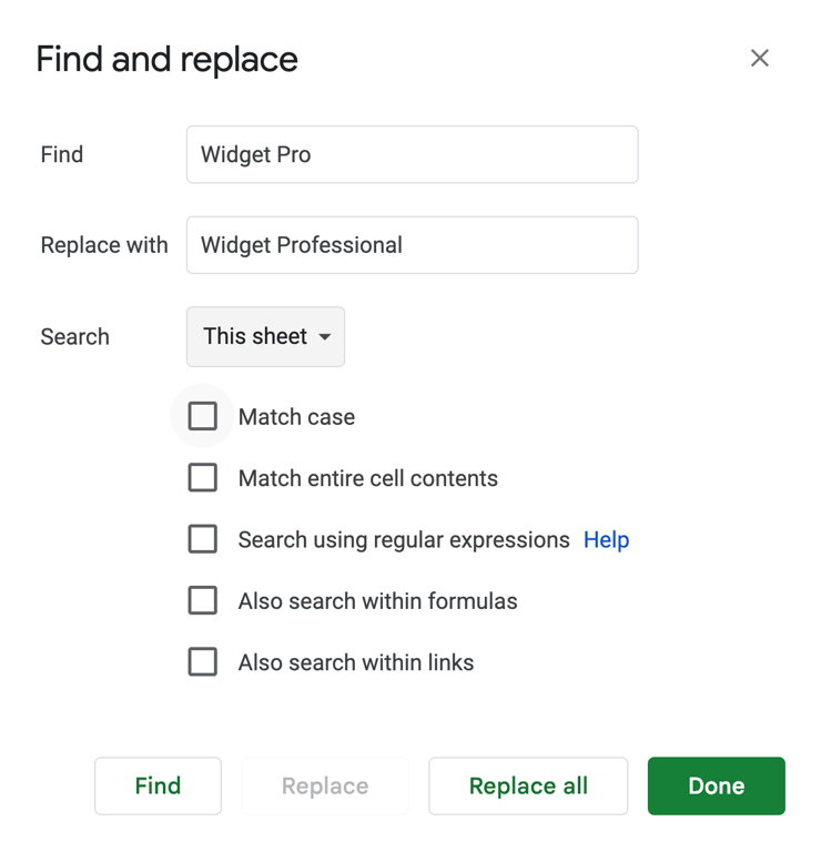 Find and Replace tool in Google Sheets set to replace “Widget Pro” with “Widget Professional” across all sheets. i-shadow