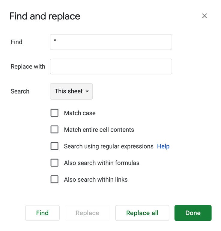 Find and Replace dialog set to remove a smart quote character by leaving the Replace with field blank. i-shadow